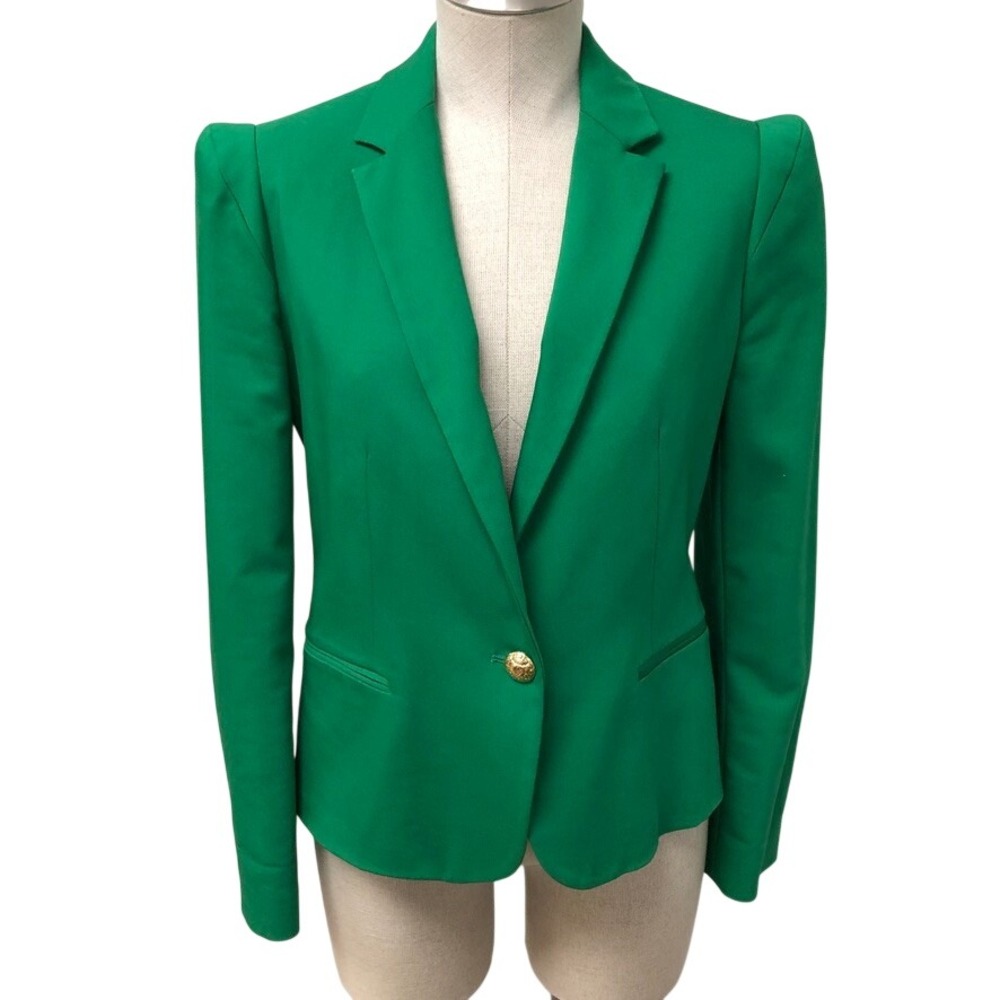 Zara Basic Blazer Womens Medium Green Gold Crest Button Padded Shoulder